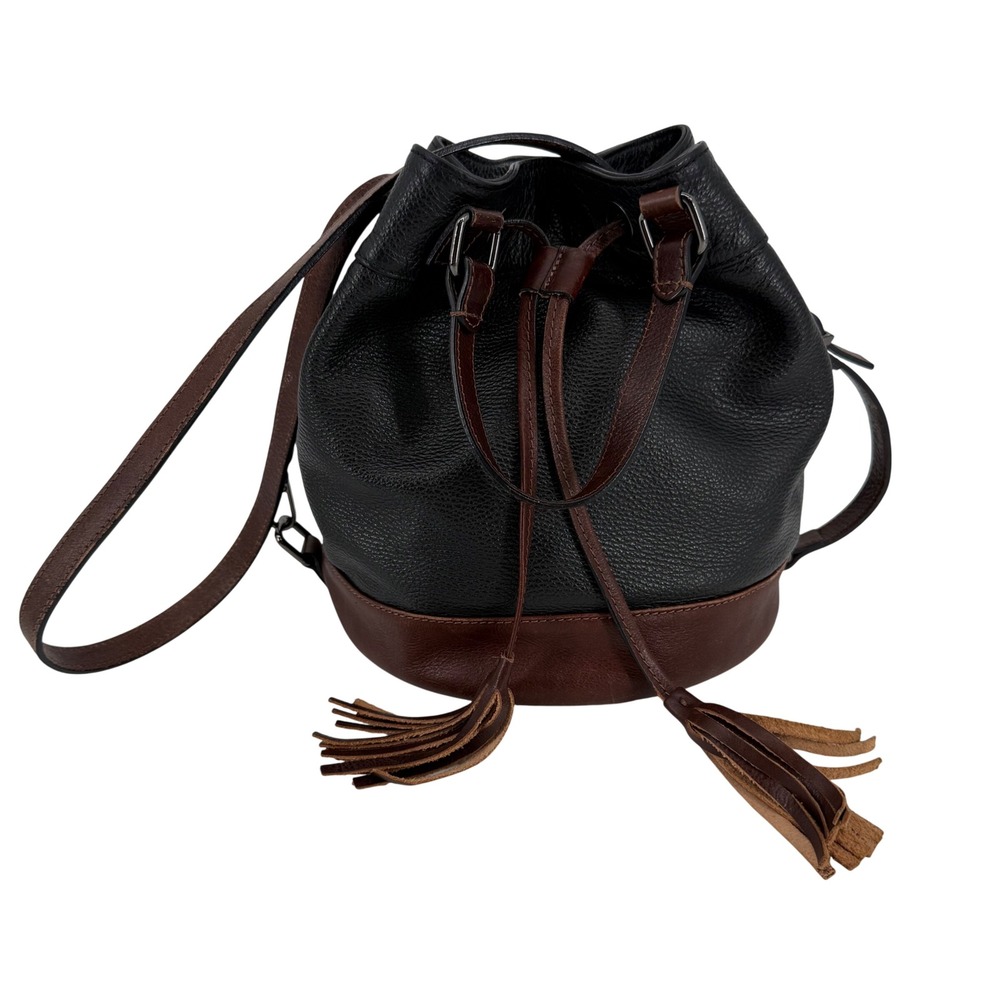 Divina Firenze Italian Leather Bucket Bag Black Brown Tassel Crossbody Purse